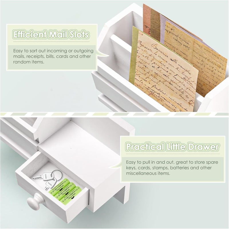 VIS'V Key Holder Wall Mount, Wooden Mail and Key Organizer with Drawer and Shelf, 2 Slots, 6 Hooks, White - Image 4